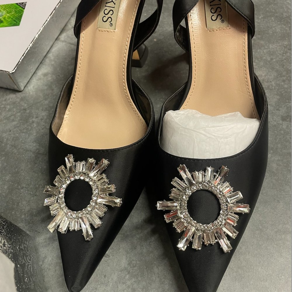 New with Box Wetkiss Women's Black Heels Shoes, Crystal Rhinestones